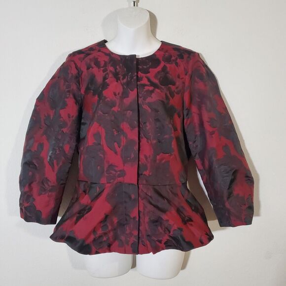 Ann Taylor Jacket 6 Red Dark Romantic Floral Bubble Hem Peplum Goth Moody - Picture 1 of 9